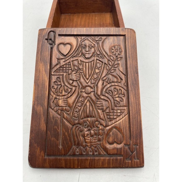 Vintage 2 Deck Playing Card Wooden Storage Box King And‎ Queen Of Hearts - Picture 3 of 5